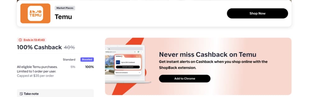 ShopBack: Get 100% Cashback on Temu for New Customers (Up to $100 Back)